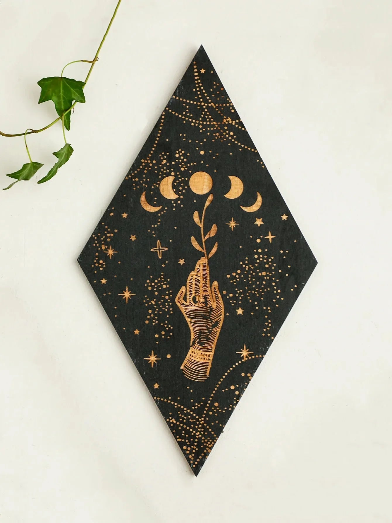 BowLift | Black Moon Phases Wooden Wall Decoration Rhombus Wall Art Boho Home Decor Witch Tapestry Decoration Room Decor Aesthetic Gift