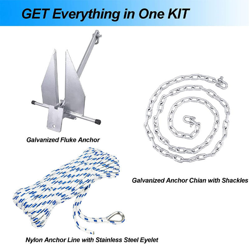 BowLift | Galvanized Fluke Type Anchor Kit, Including Galvanized Fluke, Rope, Shackle, Chain 8LB