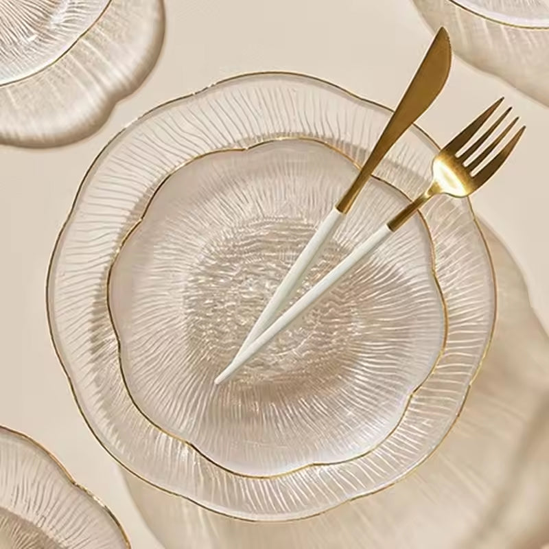 BowLift | Home Kitchen Party Glassware Set Flower-Shaped Transparent Light Luxury Chinese Snack Plate Flower-Shaped Transparent Glass Plate With Gold Rim