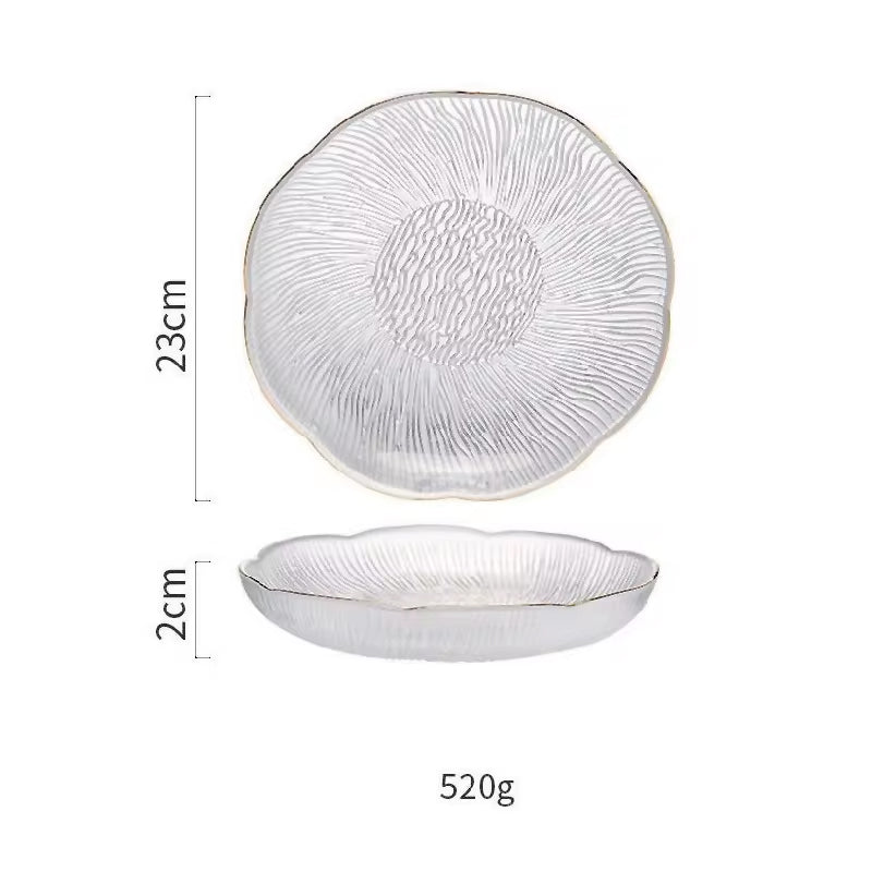 BowLift | Home Kitchen Party Glassware Set Flower-Shaped Transparent Light Luxury Chinese Snack Plate Flower-Shaped Transparent Glass Plate With Gold Rim