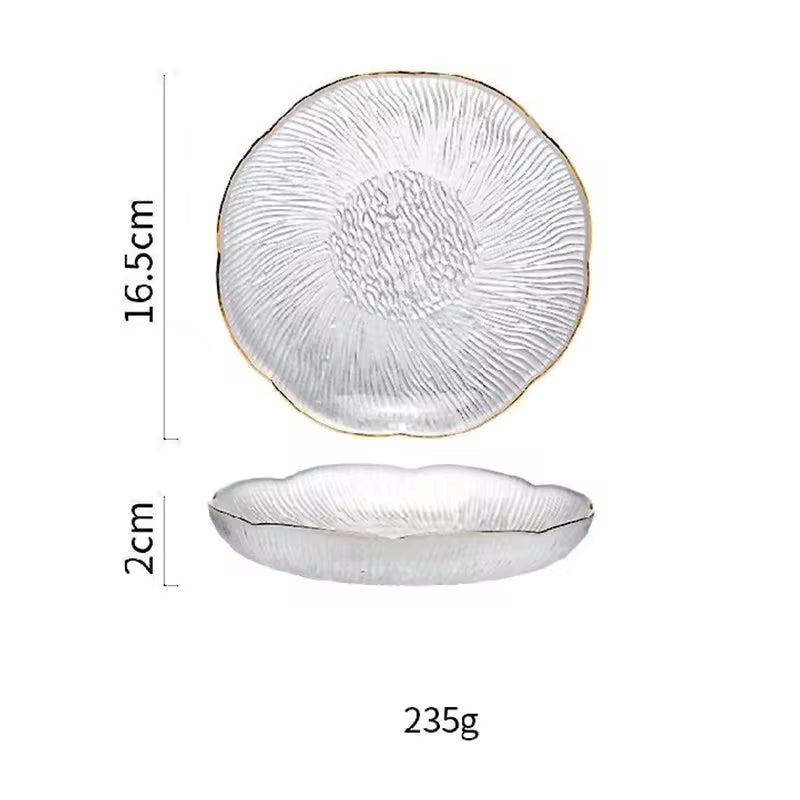 BowLift | Home Kitchen Party Glassware Set Flower-Shaped Transparent Light Luxury Chinese Snack Plate Flower-Shaped Transparent Glass Plate With Gold Rim