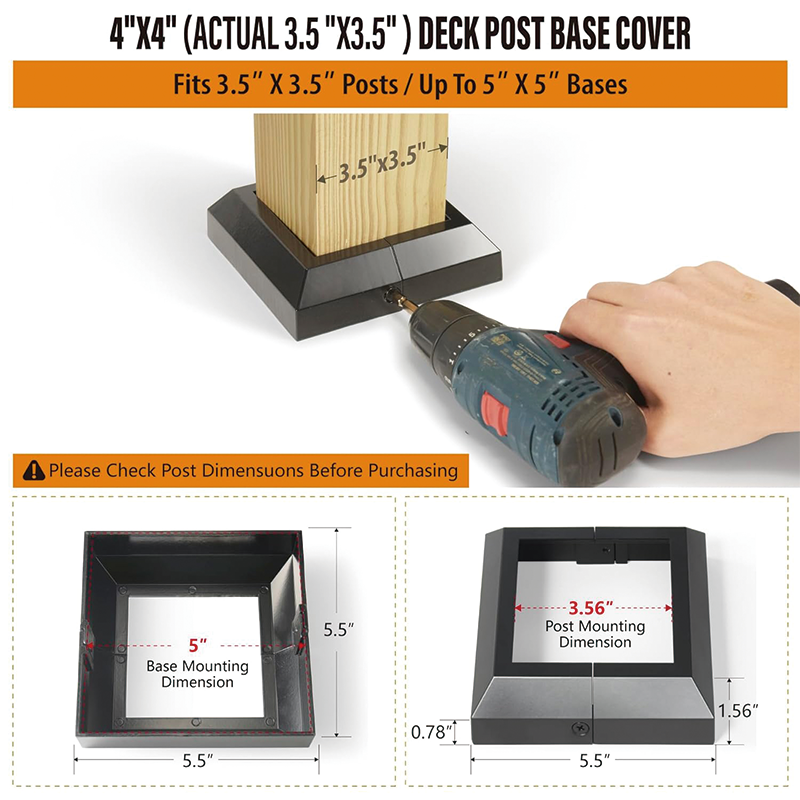 BowLift | 4 pcs 4 "x4" Deck Post Base,Aluminum Deck Post Base Cover,for Deck railings, Stairs, Patios, Porches Split Deck Post Skirt