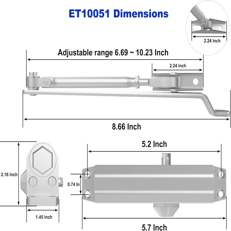 BowLift | Door Closer Automatic Door Closer Commercial or Residential Use Door Weights 55~99 Lb Aluminum