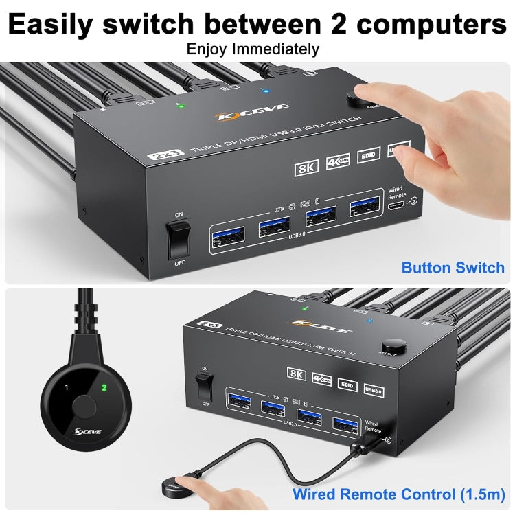 BowLift | KC-KVM203DH 8K 30Hz USB3.0 DP+DP+HDMI Triple Monitors KVM Switch, AU Plug