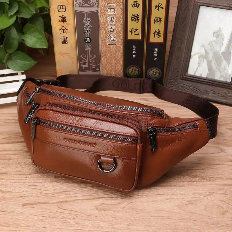 BowLift | Genuine Cowhide Leather Waist Bag for Men – Large Capacity Fanny Pack, Belt & Crossbody Travel Bag
