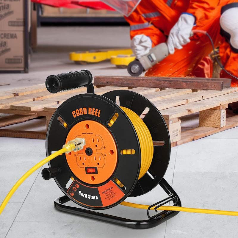 BowLift | 100FT Extension Cord Reel with 4-Grounded Outlets and Wind Retractable 10A Circuit Breaker