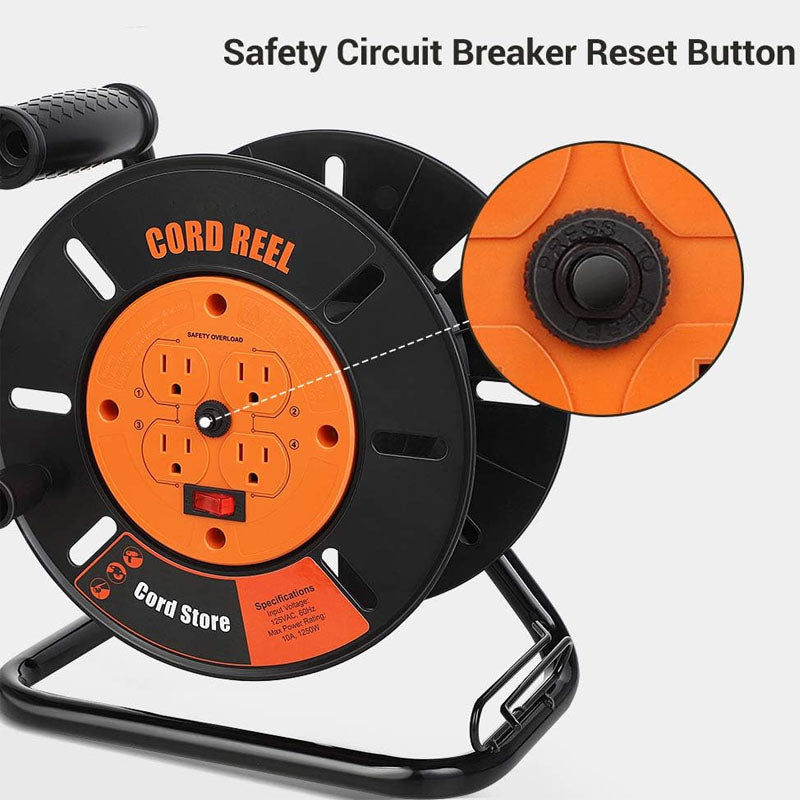 BowLift | 100FT Extension Cord Reel with 4-Grounded Outlets and Wind Retractable 10A Circuit Breaker