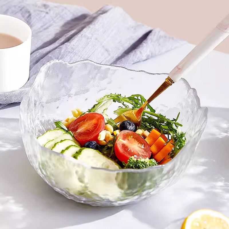 BowLift | Thickened Hammered Gold-Rimmed Glass Salad Bowl, Transparent Tableware Set, Dessert Bowl, Living Room And Home