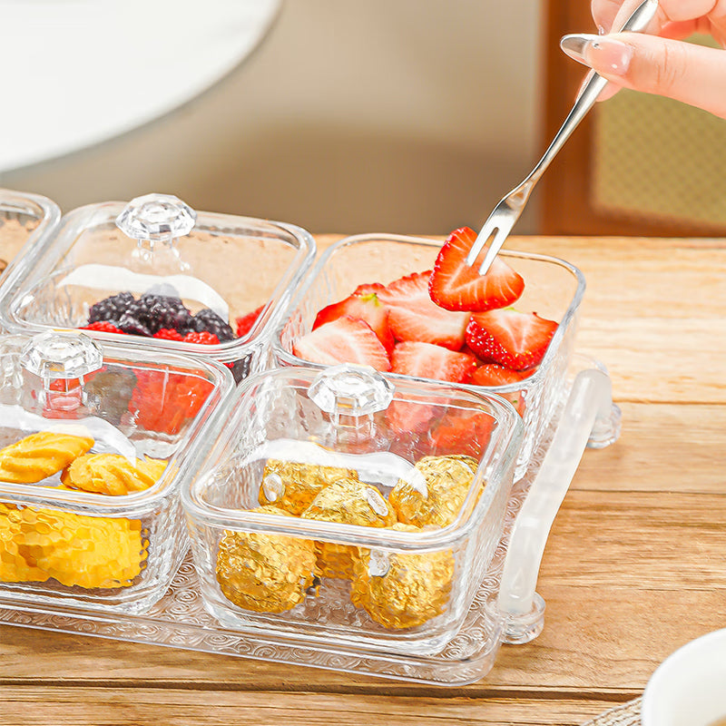 BowLift | Light Luxury Compartmented Fruit Plate, Lead-Free Glass Snack Plate, Small Square Bowl With Lid, Seven-Piece Gift Box Set