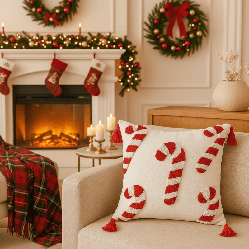 BowLift | Festive Christmas pillow cover with candy cane motif and soft polyester fabric