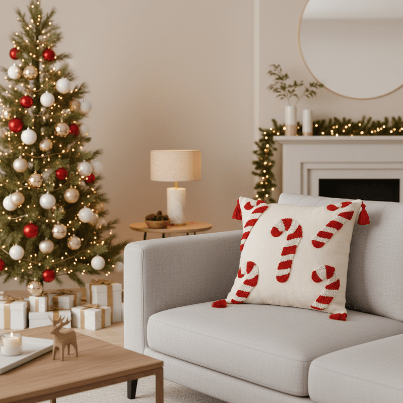 BowLift | Festive Christmas pillow cover with candy cane motif and soft polyester fabric