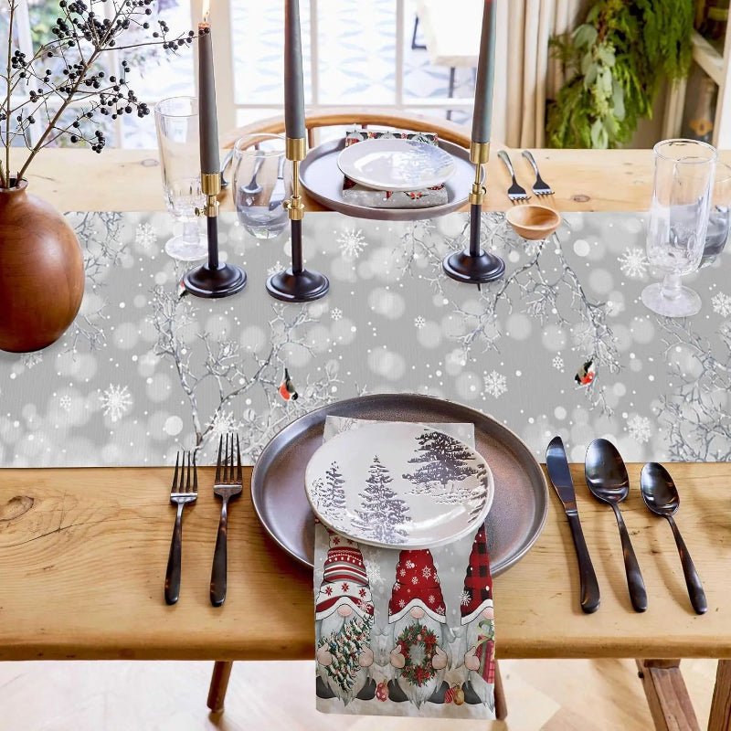 BowLift | Festive Linen Table Runner for Christmas with Snowflake and Gnome Motif