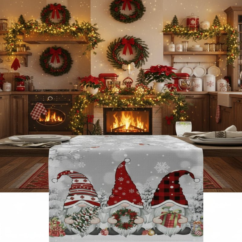 BowLift | Festive Linen Table Runner for Christmas with Snowflake and Gnome Motif