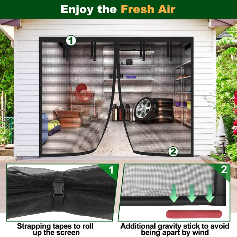 BowLift | Garage Door Screen 8x7Ft Magnetic Mesh Screen for Patio Porch Window to Keep Bugs Out Black