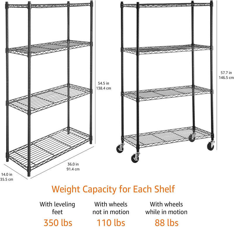BowLift | Garage Storage Rack 4-Tier Adjustable 3'' Wheel Casters Metal Organizer Wire Rack for Kitchen Pantry Basement Bathroom