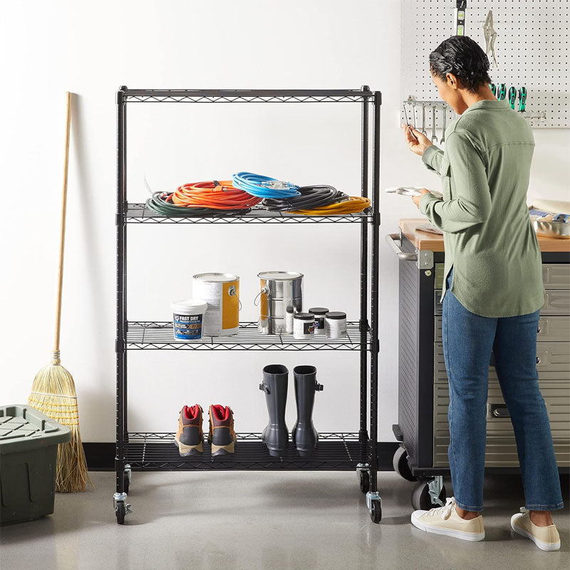 BowLift | Garage Storage Rack 4-Tier Adjustable 3'' Wheel Casters Metal Organizer Wire Rack for Kitchen Pantry Basement Bathroom