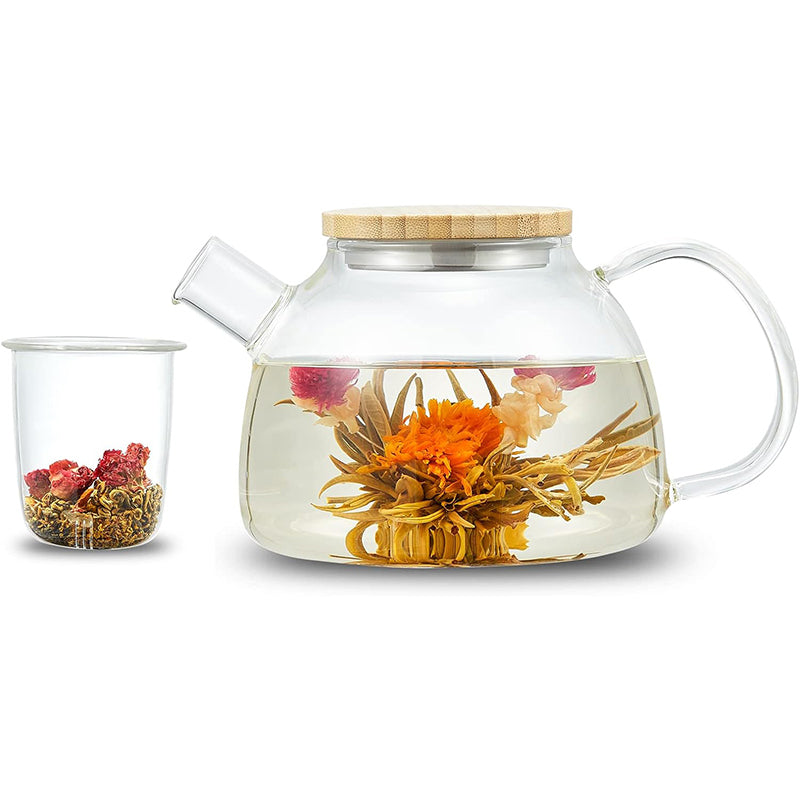 BowLift | 1000ml Glass Teapot Glass Tea Kettle with Removable Clear Filter,Stovetop Ideal Tea Set for Blooming Flower Tea
