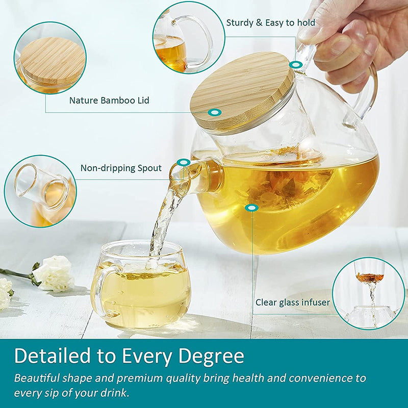 BowLift | 1000ml Glass Teapot Glass Tea Kettle with Removable Clear Filter,Stovetop Ideal Tea Set for Blooming Flower Tea