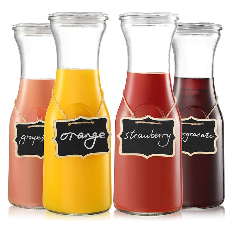 BowLift | Set of 4 Glass Carafe with Lid, 1 Liter Beverage Serveware Carafe Clear Glass Pitcher for Cold Water, Juice, Milk, Iced Tea, Lemonade
