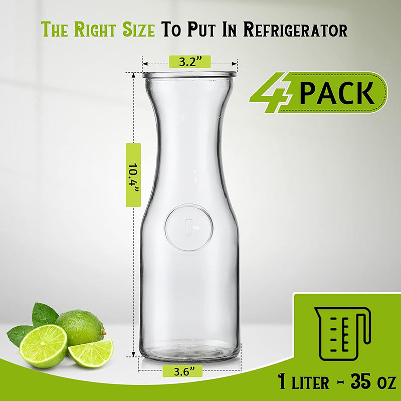 BowLift | Set of 4 Glass Carafe with Lid, 1 Liter Beverage Serveware Carafe Clear Glass Pitcher for Cold Water, Juice, Milk, Iced Tea, Lemonade