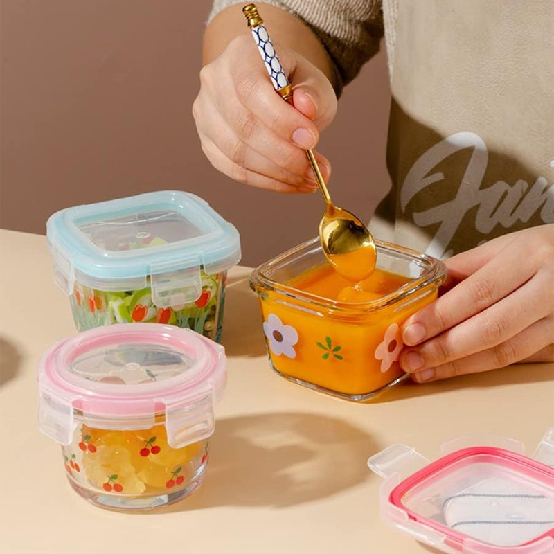 BowLift | 2 Pack 4 Oz Mini Square Glass Food Storage Containers With Lids,Floral Food Jars Small Glass Container For Food Portion, Sauce,Snack,Yogurt,Freezer Microwave Safe