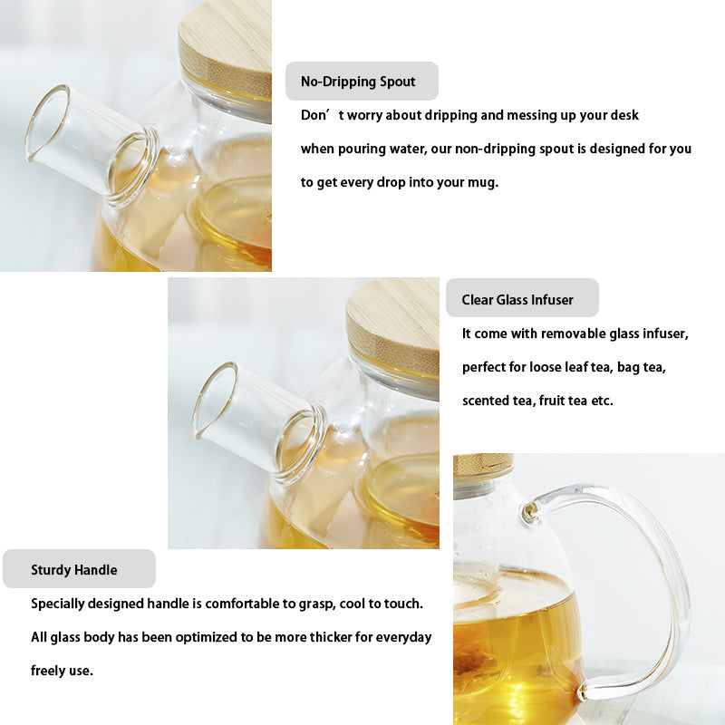 BowLift | 1000ml Glass Teapot Glass Tea Kettle with Removable Clear Filter,Stovetop Ideal Tea Set for Blooming Flower Tea
