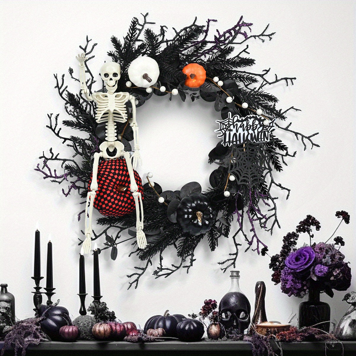 BowLift | Gothic Skeleton Pumpkin Halloween Wreath for Door – Spooky Decor with Faux Pumpkins and Eerie Accents
