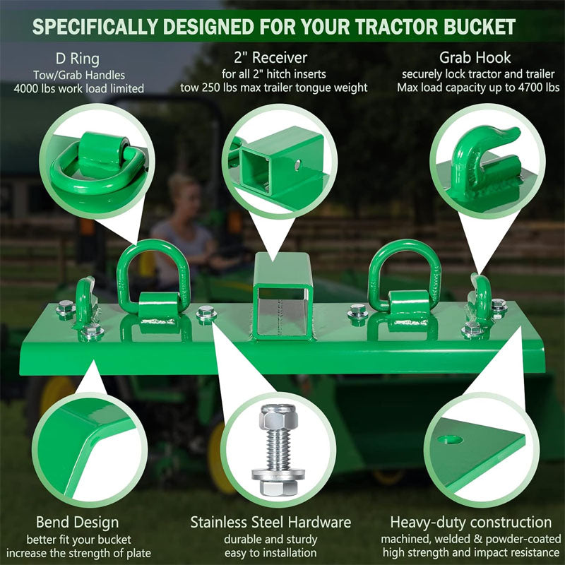 BowLift | Grab Hooks 5" x 21.85" Heavy Duty Bolt on Compact Grab Hooks 2" Receiver for Tractor Bucket RV UTV Truck Hardware Includ