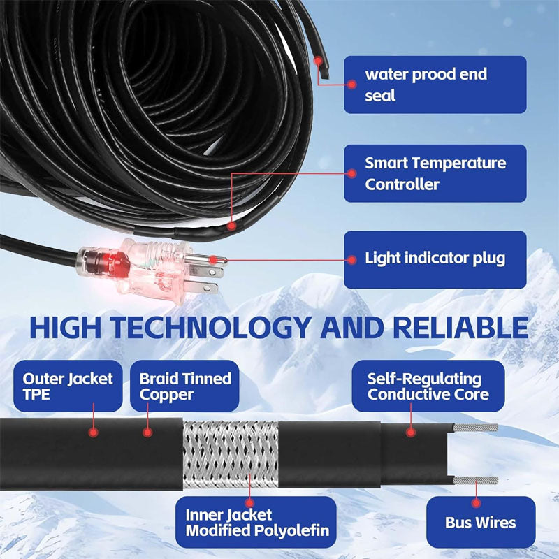 BowLift | 100FT Heating Cables , Pipe Freeze Protected Water Pipe Heating Cable with Mounting Buckle Self Regulating Temperature 120V 8W/ft