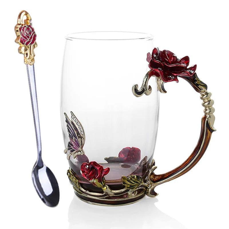 BowLift | Handcrafted Enamel Coffee Mugs Rose-Glass Tea Cup with Steel Spoon Luxury Unique Gifts for Wedding Valentine's Day Birthday Gifts