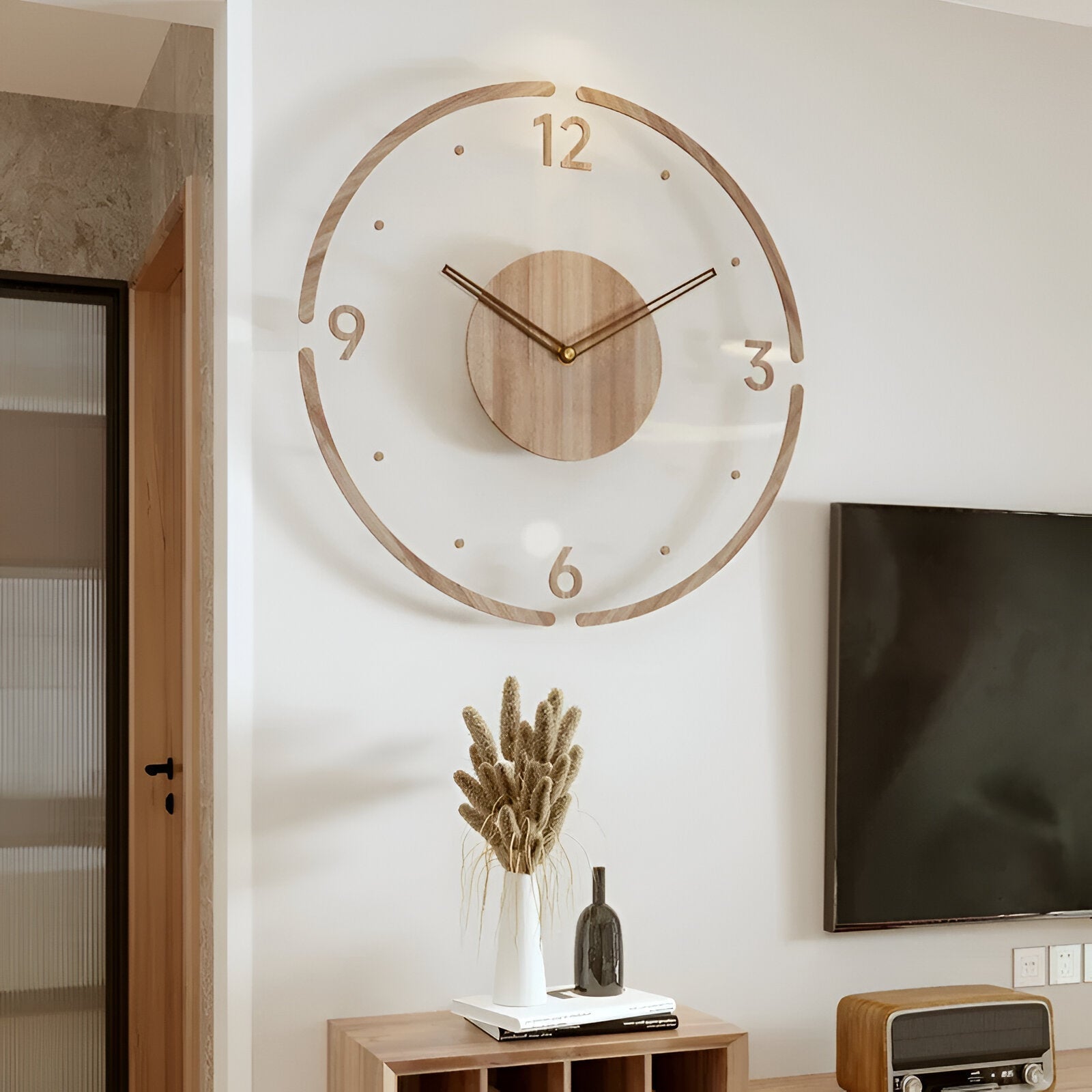 BowLift | ClearWood Transparent Wall Clock – Silent Quartz with Wooden Details