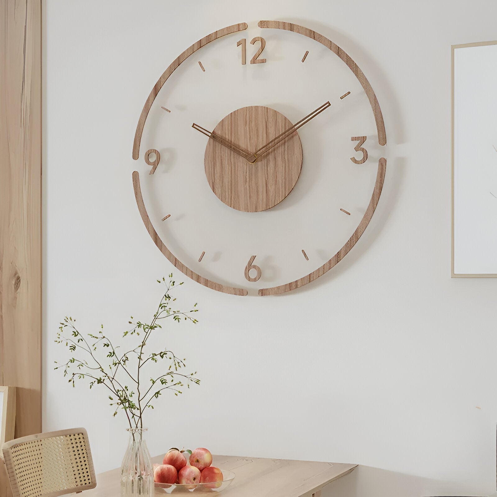 BowLift | ClearWood Transparent Wall Clock – Silent Quartz with Wooden Details