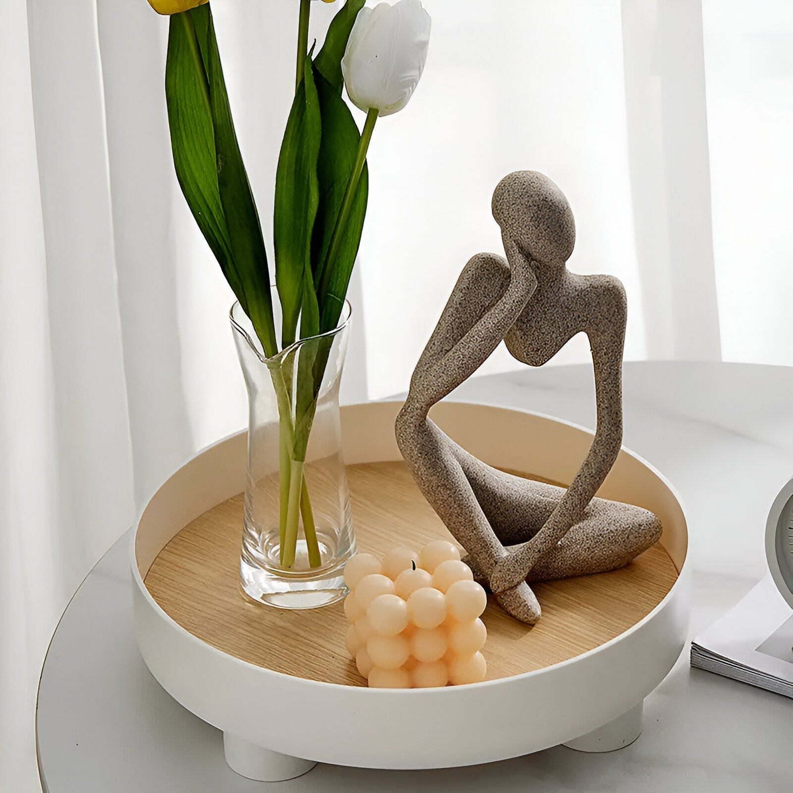 BowLift | Round Serving Tray - Decorative Tray Made of Wood - White Tray Made of Ceramic
