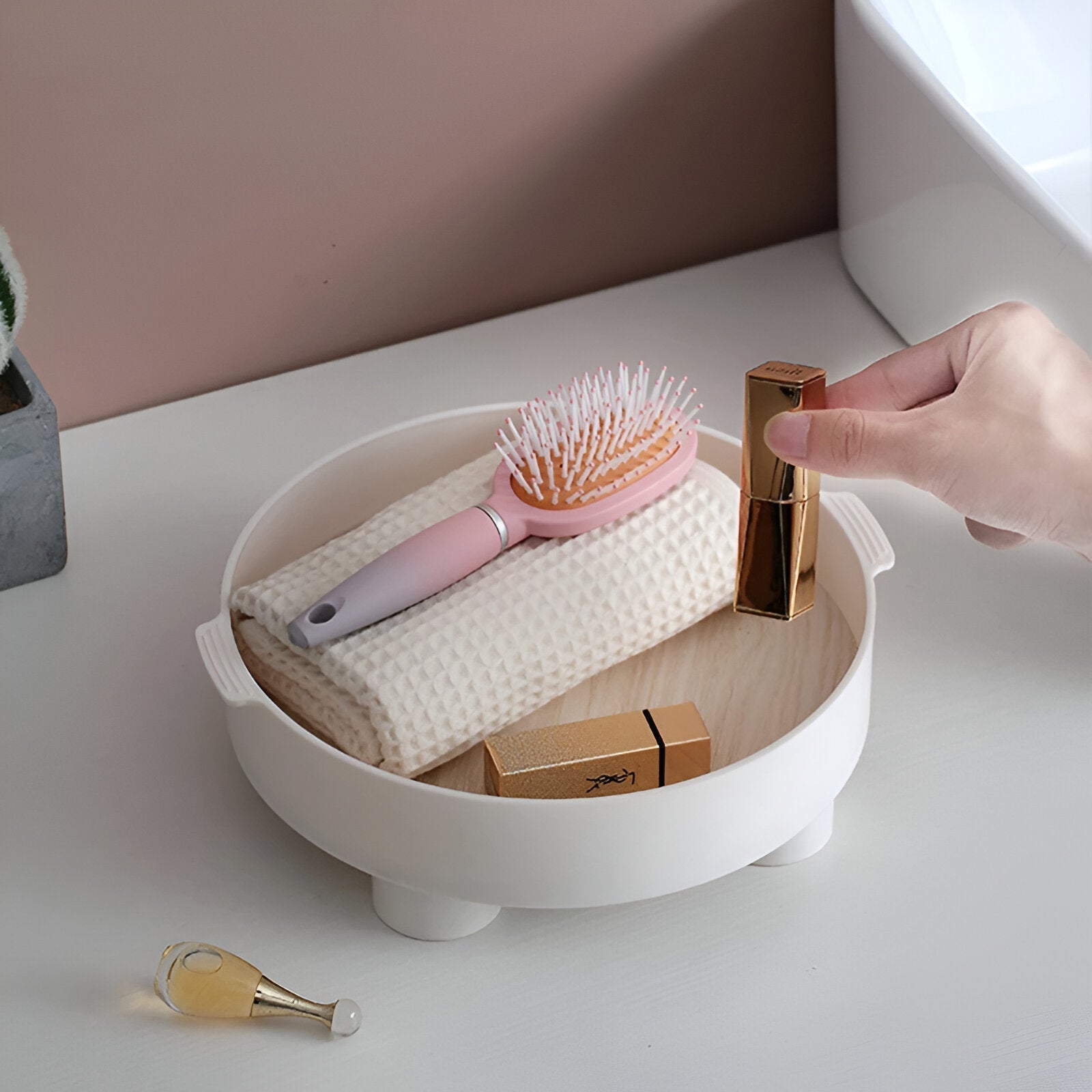 BowLift | Round Serving Tray - Decorative Tray Made of Wood - White Tray Made of Ceramic
