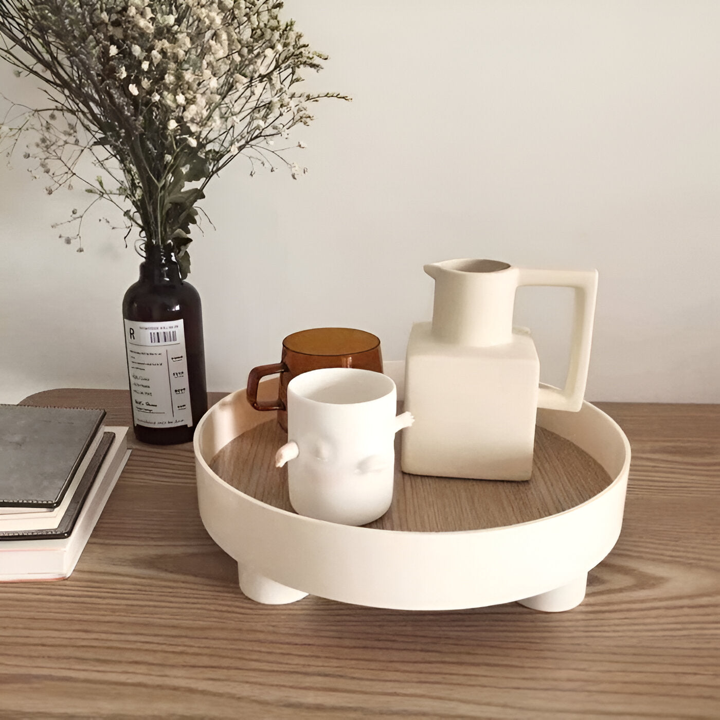 BowLift | Round Serving Tray - Decorative Tray Made of Wood - White Tray Made of Ceramic