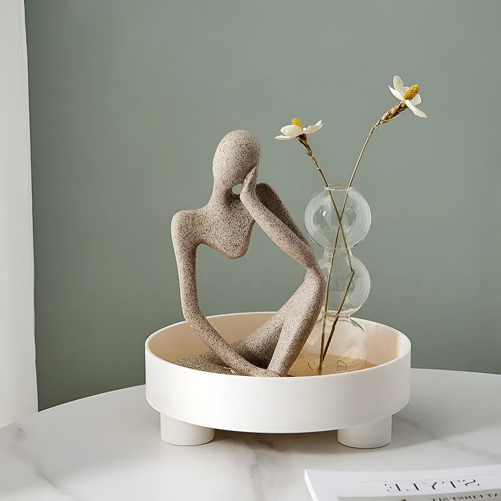 BowLift | Round Serving Tray - Decorative Tray Made of Wood - White Tray Made of Ceramic