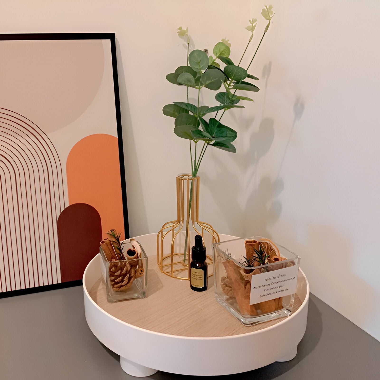BowLift | Round Serving Tray - Decorative Tray Made of Wood - White Tray Made of Ceramic