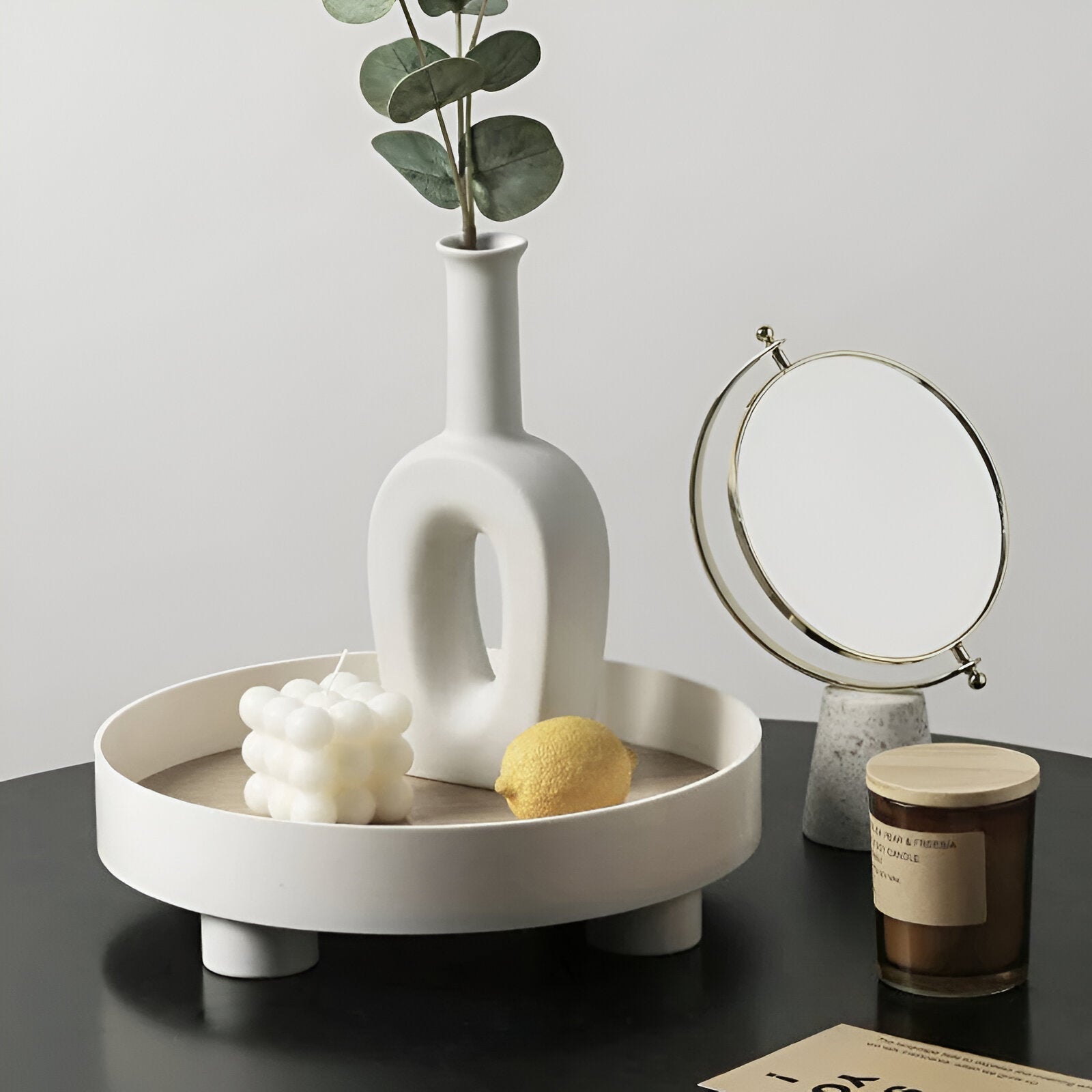 BowLift | Round Serving Tray - Decorative Tray Made of Wood - White Tray Made of Ceramic