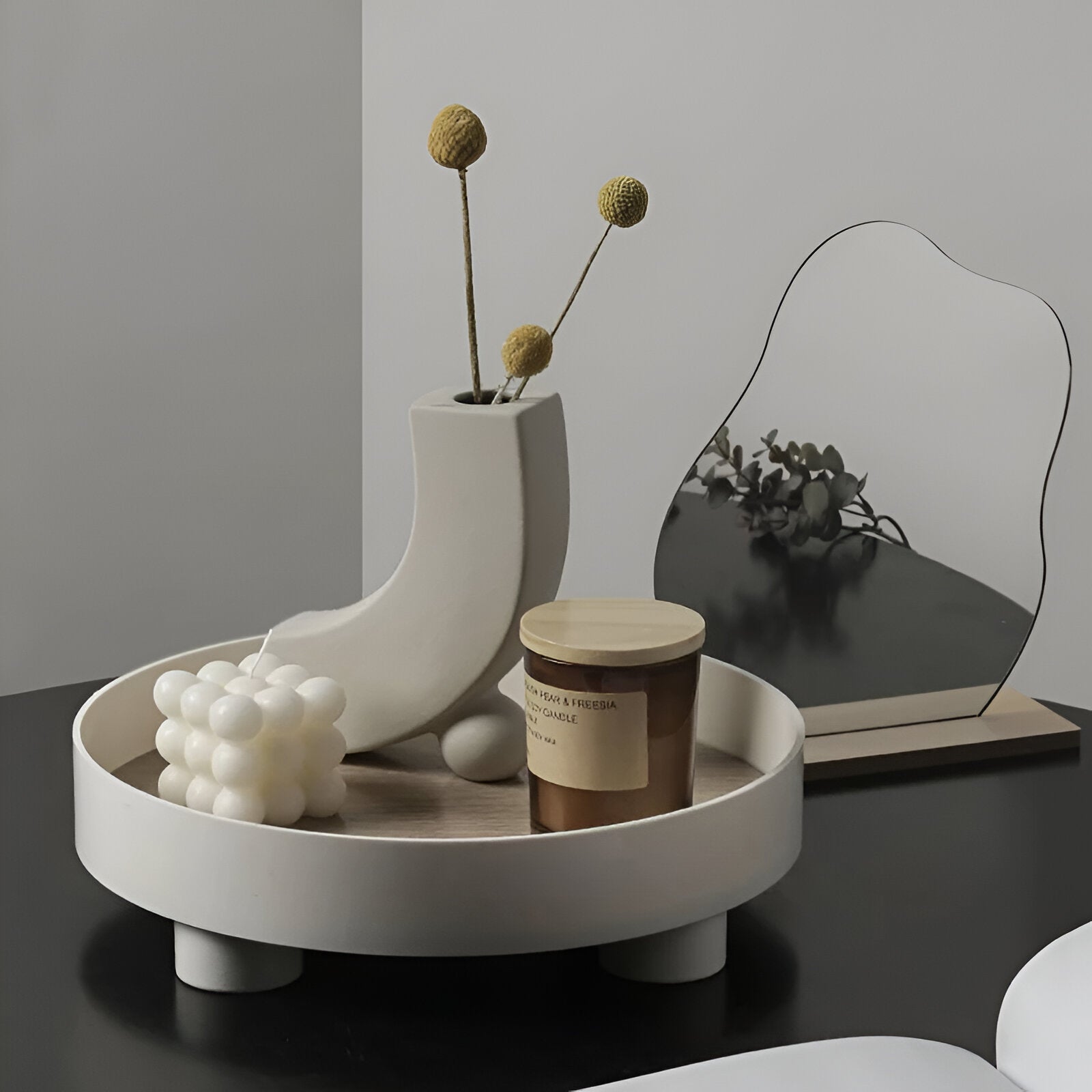 BowLift | Round Serving Tray - Decorative Tray Made of Wood - White Tray Made of Ceramic