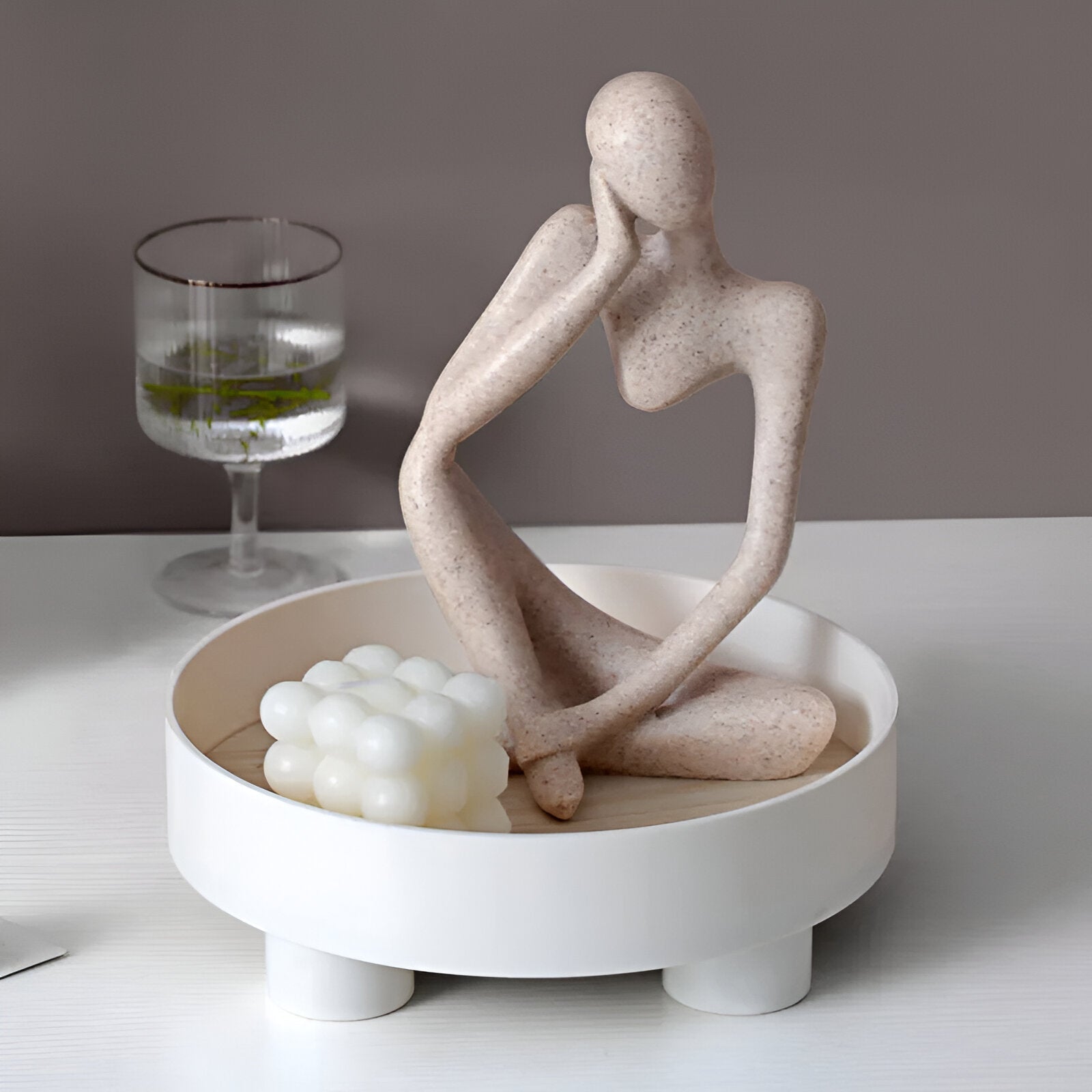 BowLift | Round Serving Tray - Decorative Tray Made of Wood - White Tray Made of Ceramic