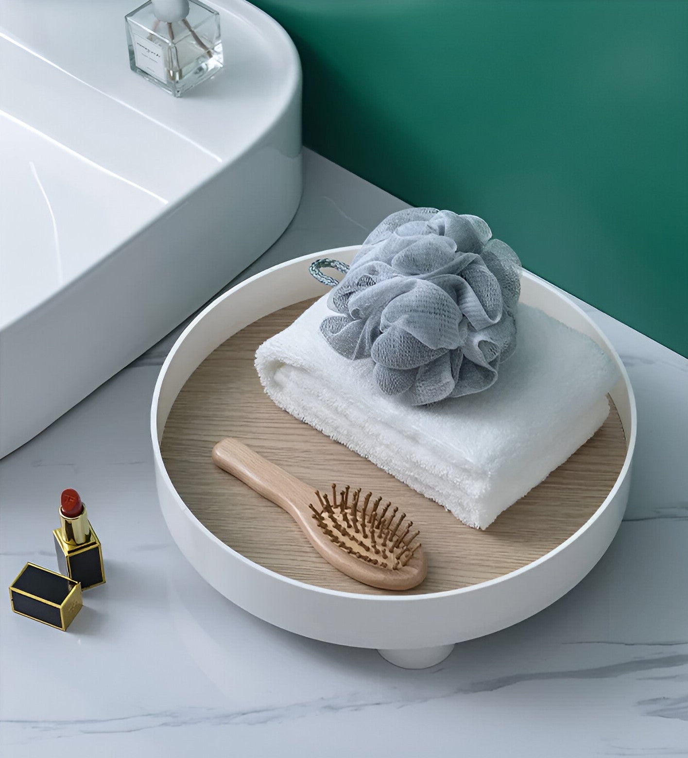 BowLift | Round Serving Tray - Decorative Tray Made of Wood - White Tray Made of Ceramic