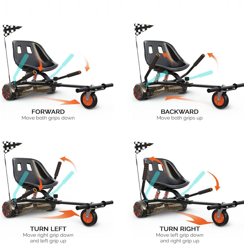BowLift | Hoverboard Seat Attachment for 6.5" 8" 10" Hover Board Adjustable Frame Length & Off-Road Rubber Wheel with Rear Shock Absorption