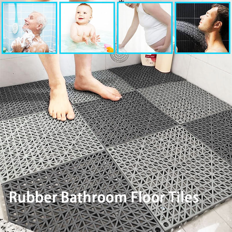 BowLift | 12" x 12" Interlocking Rubber Bathroom Floor Tiles, Interlocking Mats 12 Pack For Deck, Pool, Patio, Balcony, Shower, Kitchen, Yard (Gray)