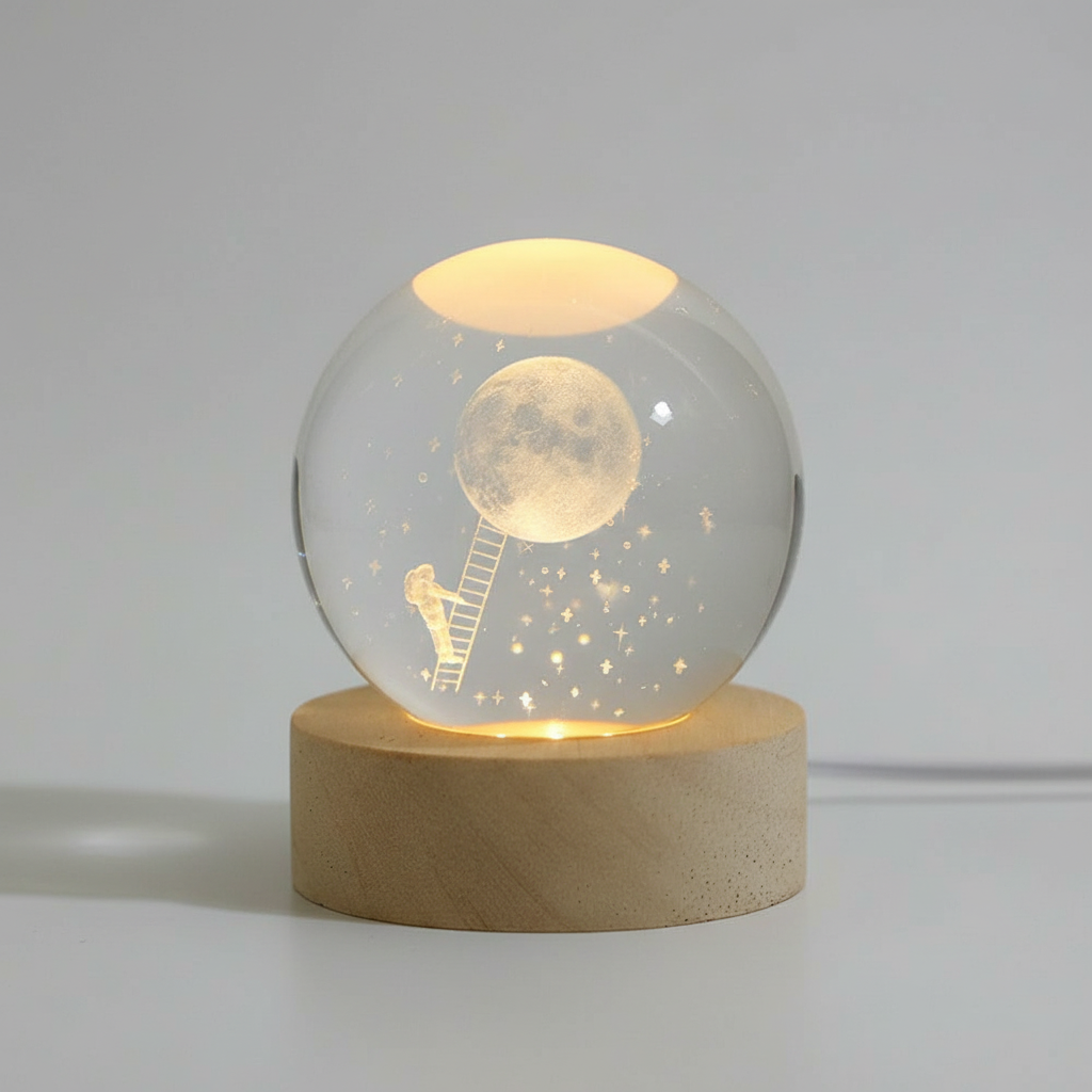 BowLift | AstroGlobe 3D Lamp – Spherical Wooden Table Lamp with Warm LED Light and Planet Design