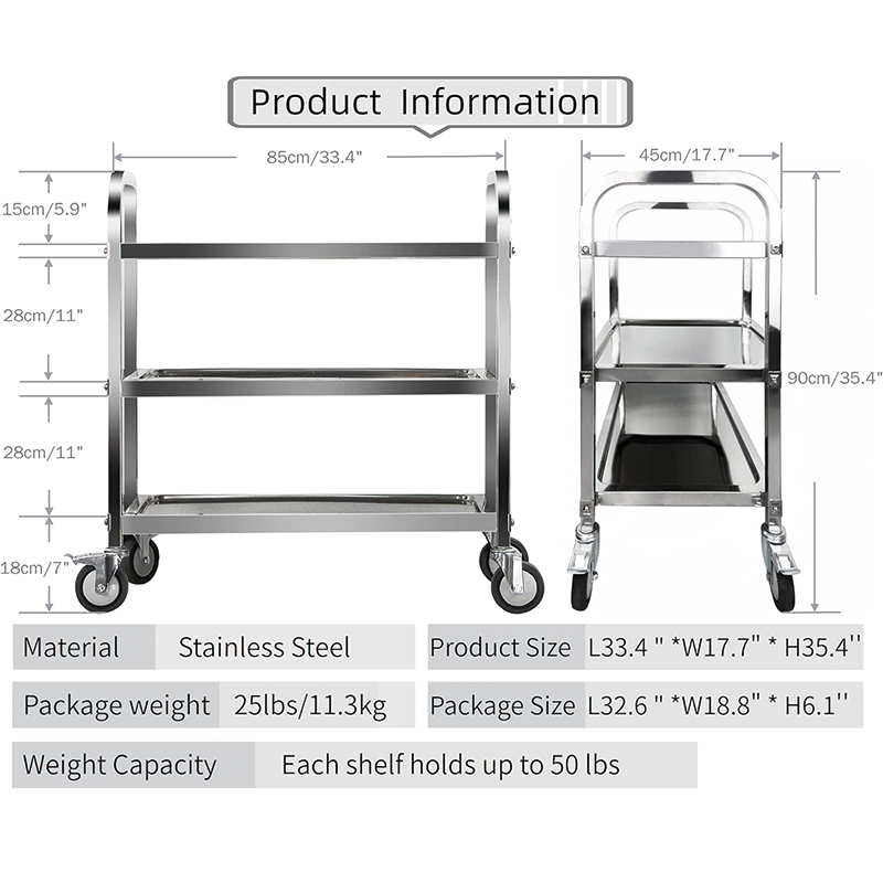 BowLift | Utility Cart, 33'' L x 18'' W x 35''H, 3 Tier Stainless Steel Utility Cart with Locking Wheels Shelf for Kitchen Restaurant Hotels