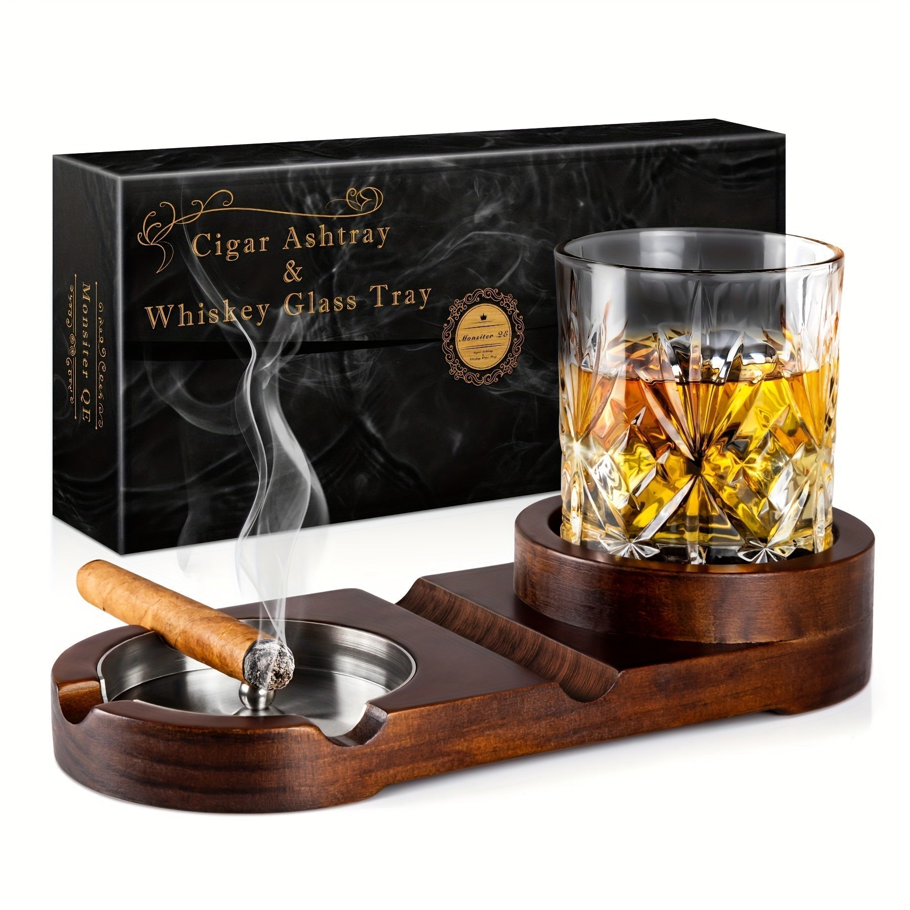 BowLift | CigarOak Ashtray with Whiskey Holder – Luxury Wooden Tray for Cigar Lovers