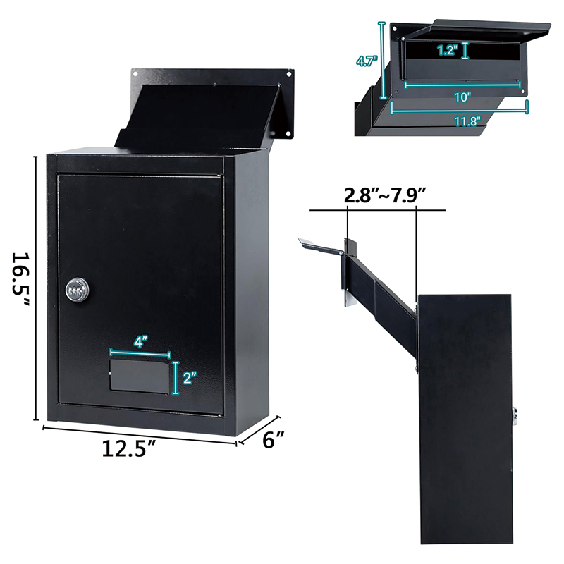 BowLift | Through The Wall Drop Box,16.5" x 12.5" x 6"Mail Drop Box w/Adjustable Chute,Rainproof Mail Slots Walls Thickness 2.8” to 7.9” for Home Office Apartment,Black