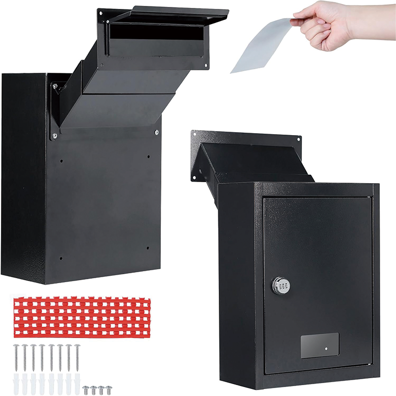 BowLift | Through The Wall Drop Box,16.5" x 12.5" x 6"Mail Drop Box w/Adjustable Chute,Rainproof Mail Slots Walls Thickness 2.8” to 7.9” for Home Office Apartment,Black