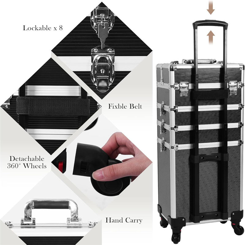 BowLift | Makeup Rolling Trolley 5 in 1 Professional Makeup Train Case Aluminum Cosmetic Case with Key Swivel Wheels , Black