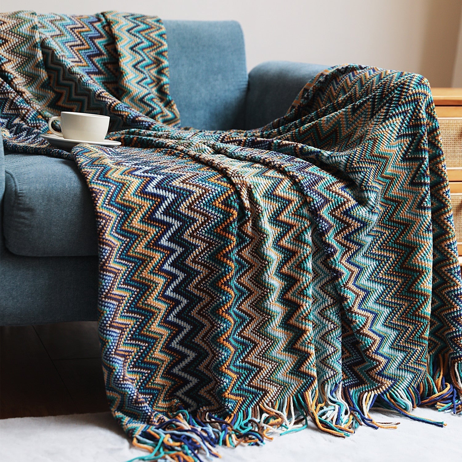BowLift | Boho Chevron Duvet Cover – Handwoven – With Fringes – Warm Earth Tones